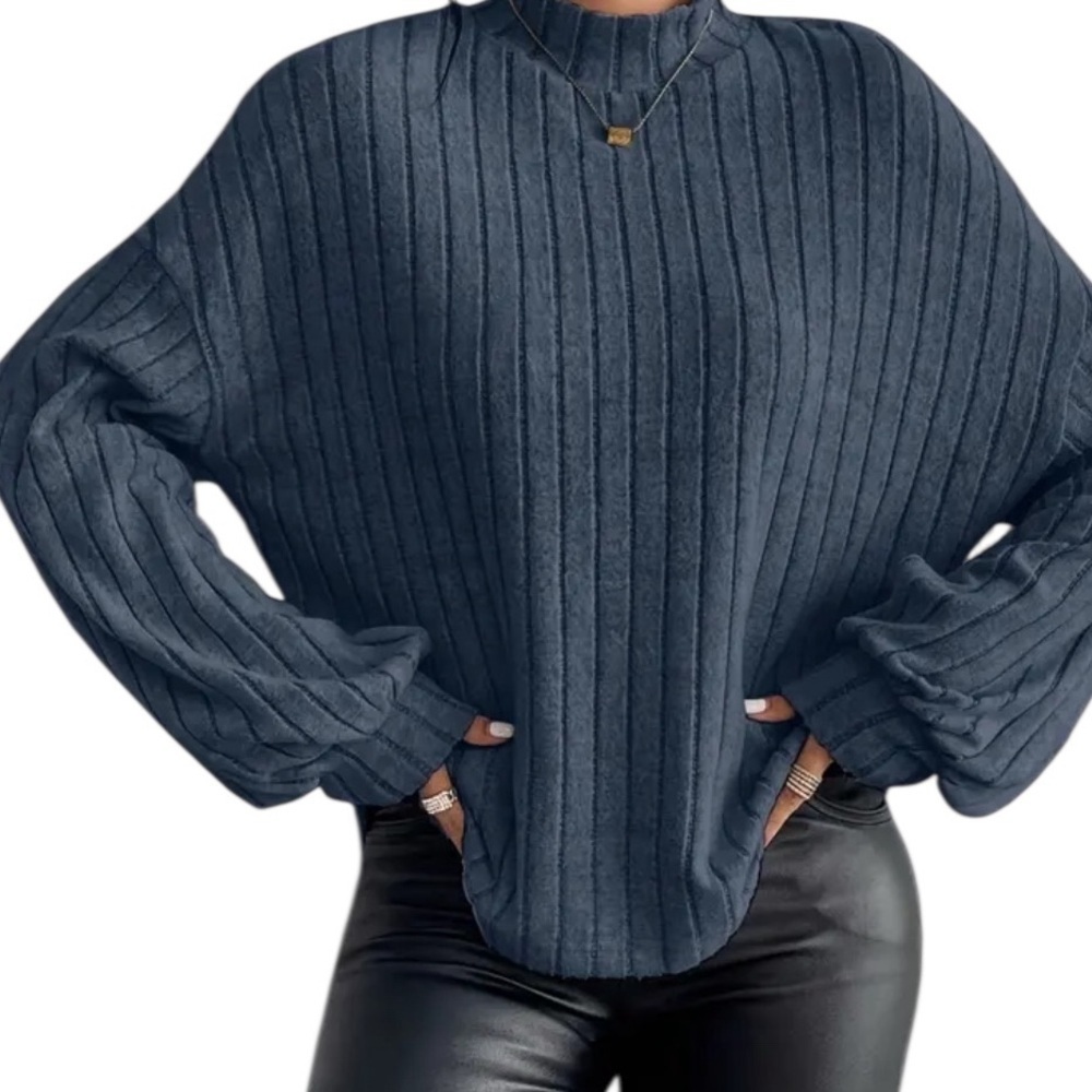 SHEIN Frenchy Blue Large Ribbed knit mock neck pullover Sweater - Picture 13 of 13